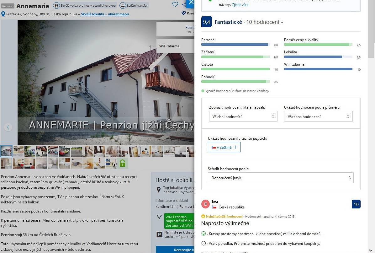 Fantastické hodnocení na serveru booking