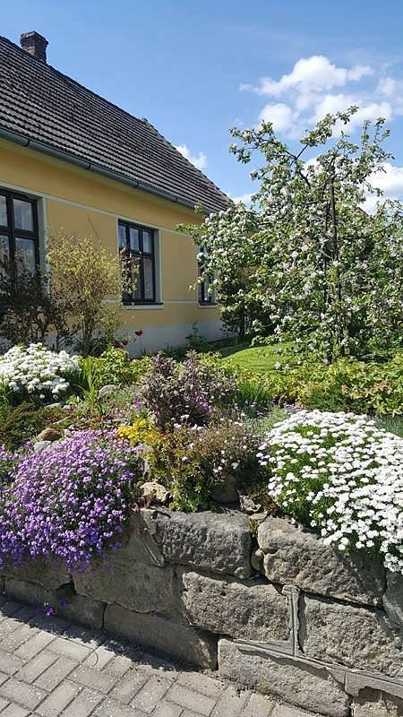 pohled od vchodu s rozkvetlou zahradou