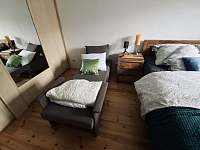 ložnice v přízemí, manželská postel a rozkládací křeslo - chalupa k pronájmu Loučná nad Desnou - Rejhotice