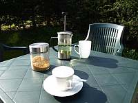čaj z čerstvé máty a káva z moka konvičky s našlehaným mlékem - apartmán ubytování Potůčky