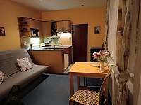 Obývací pokoj s rozkládací pohovkou, stolem a kuchyňským koutem. - apartmán k pronajmutí Teplice nad Metují
