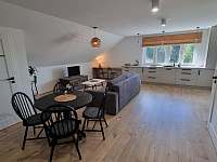 Obývací místnost s kuchyňskou linkou - apartmán k pronájmu Linhartice